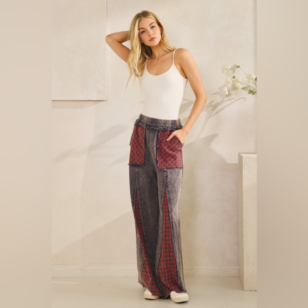 Wide Leg Patchwork Plaid Pocket Pants - Red/Gray
